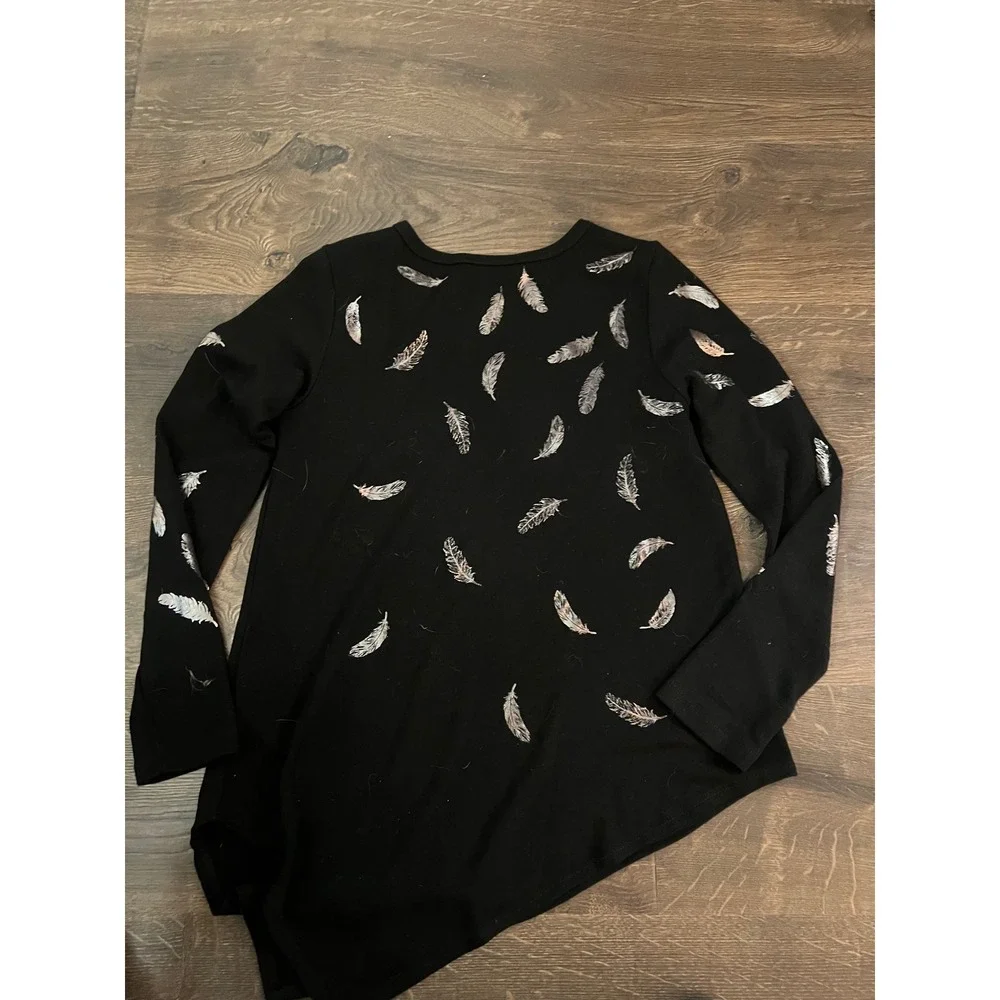 Karen Kane Womens Black Metallic Feather Print Asymmetric Hem Top 4L43265 Small